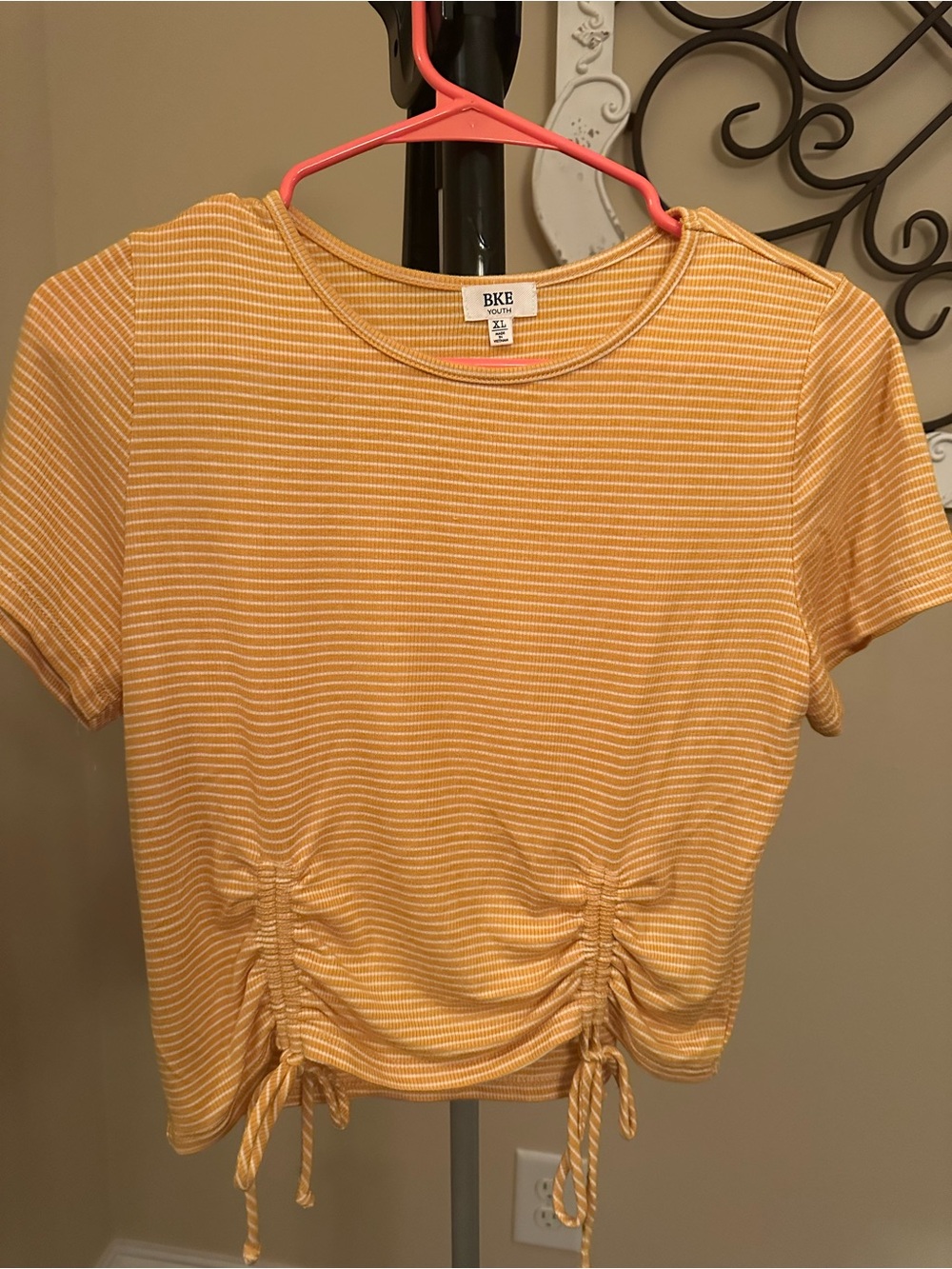 BKE Yellow & White Striped Ruched Drawstring Crop Tee